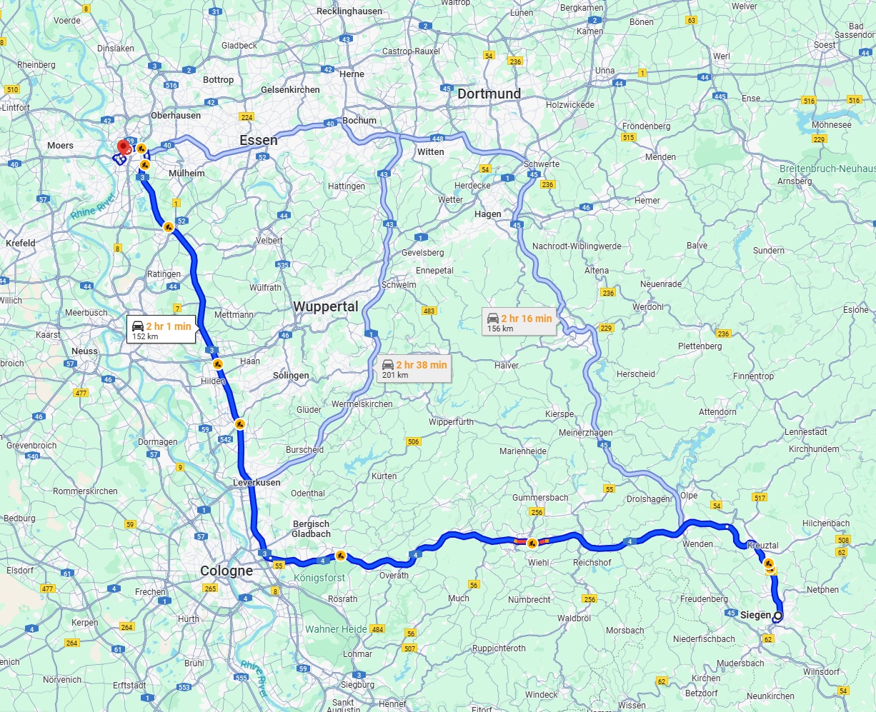 Anreise von Siegen Zu Duisburg Über via A4 and A3