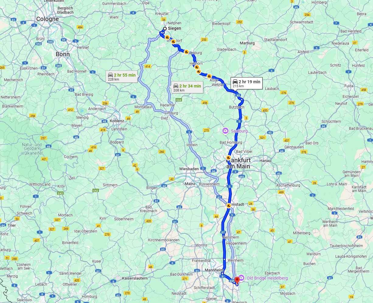 Anreise von Siegen Zu Heidelberg Über via A45 and A5