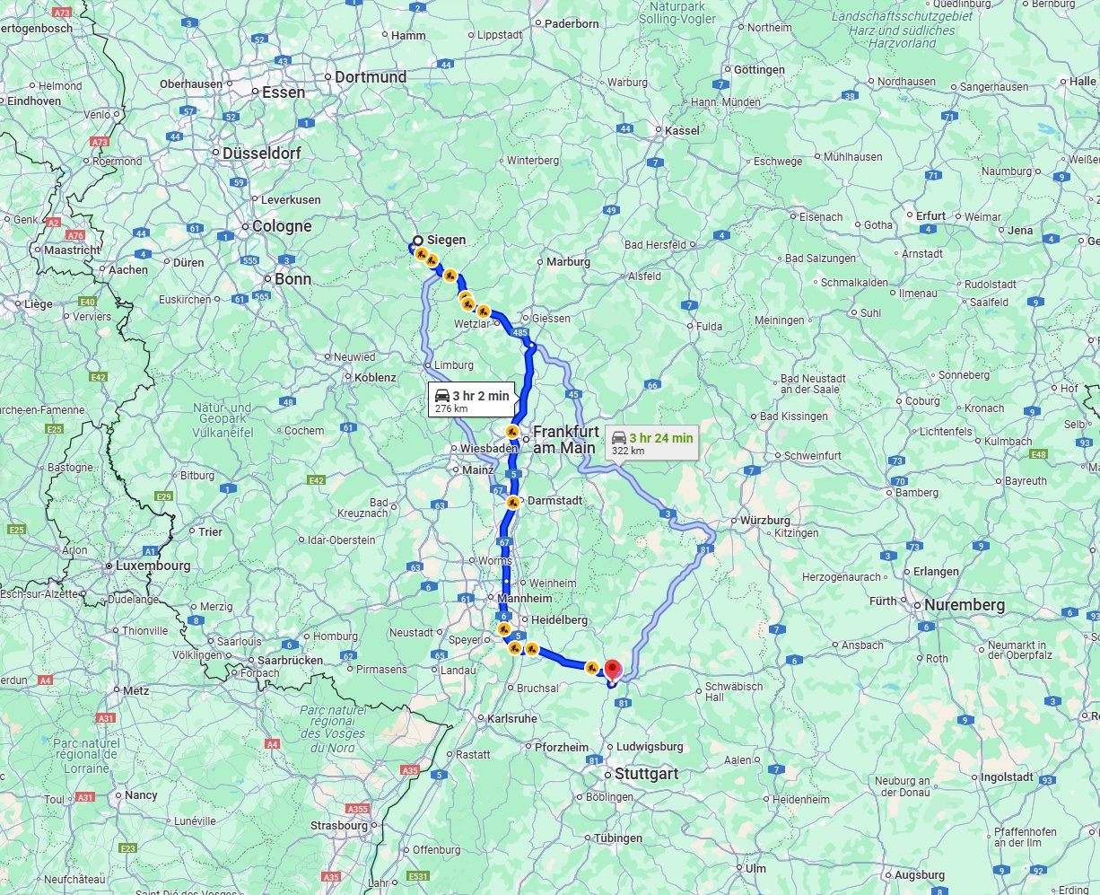 Anreise von Siegen Zu Heilbronn Über via A45, A5 and A6