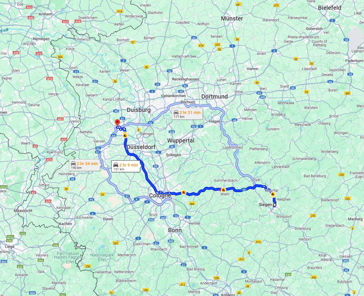 Anreise von Siegen Zu Krefeld Über via A4 and A57