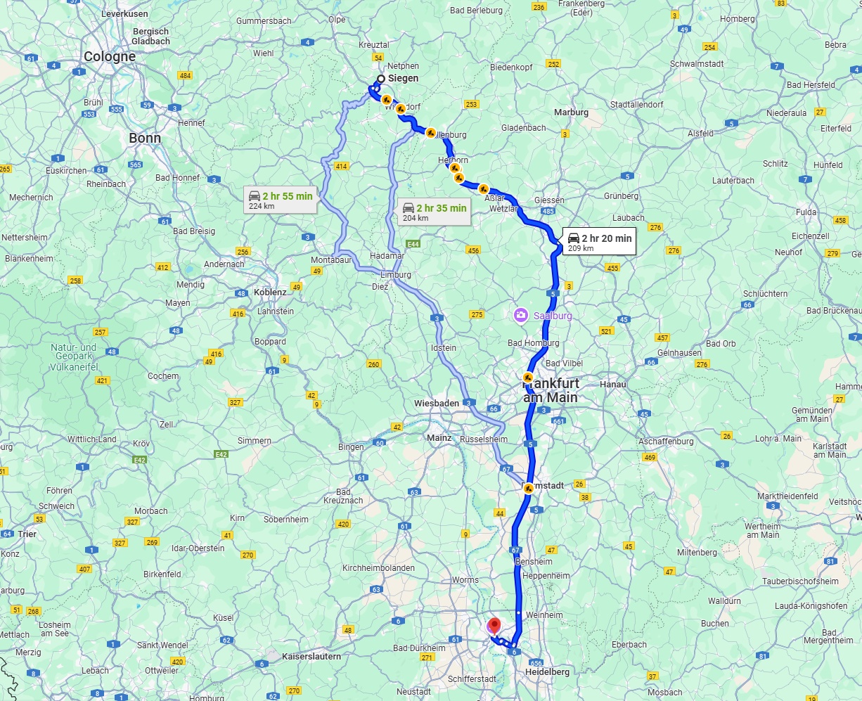 Anreise von Siegen Zu Mannheim Über via A45 and A5