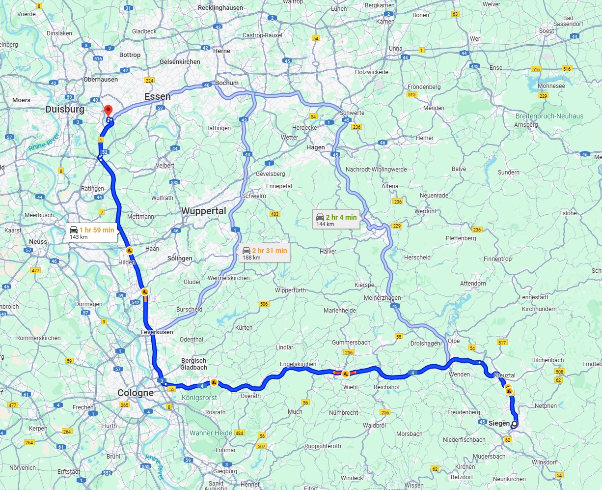 Anreise von Siegen Zu Mülheim an der Ruhr Über via A4 and A3