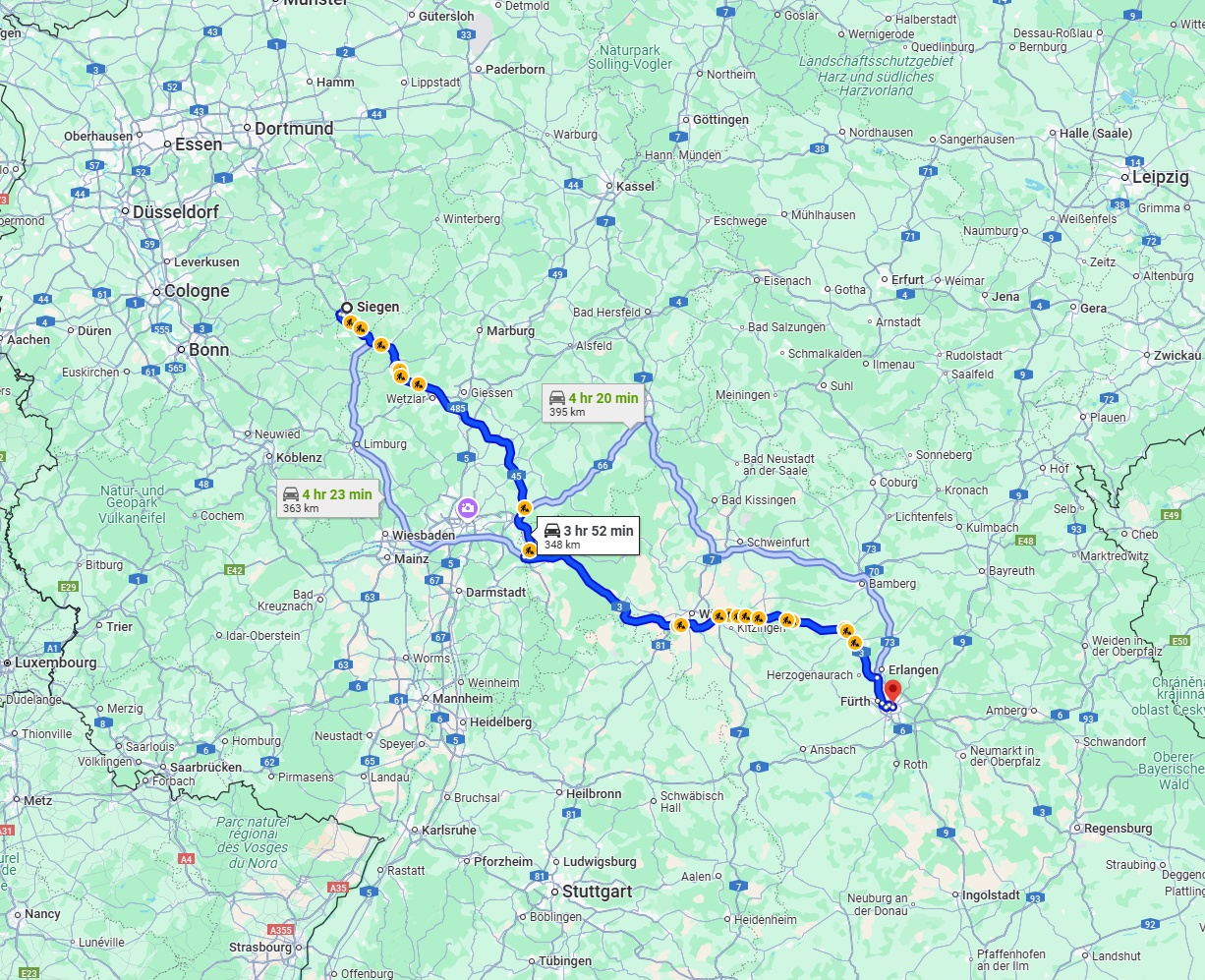 Anreise von Siegen Zu Nürnberg Über via A45 and A3