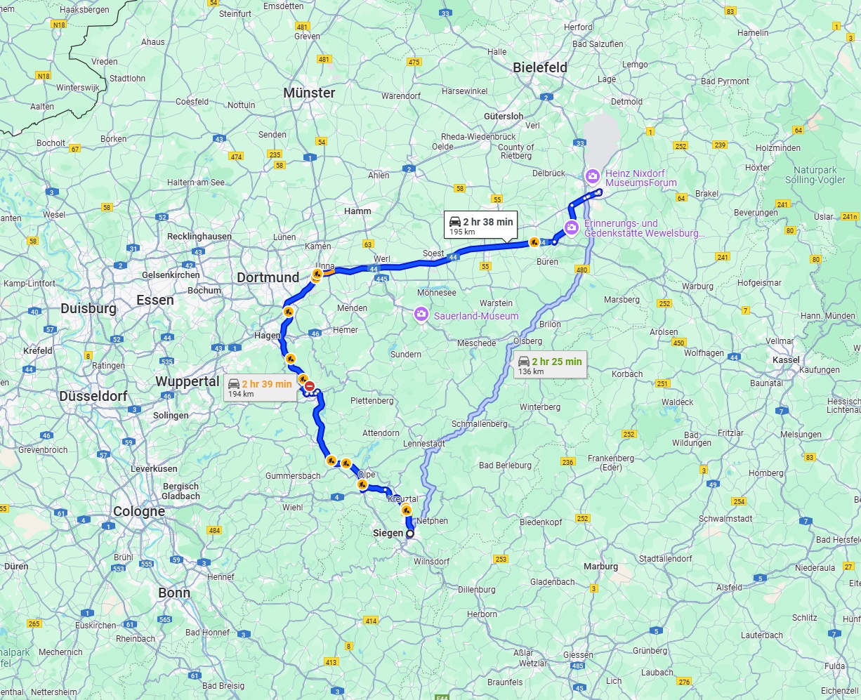 Anreise von Siegen Zu Paderborn Über via A45 and A44