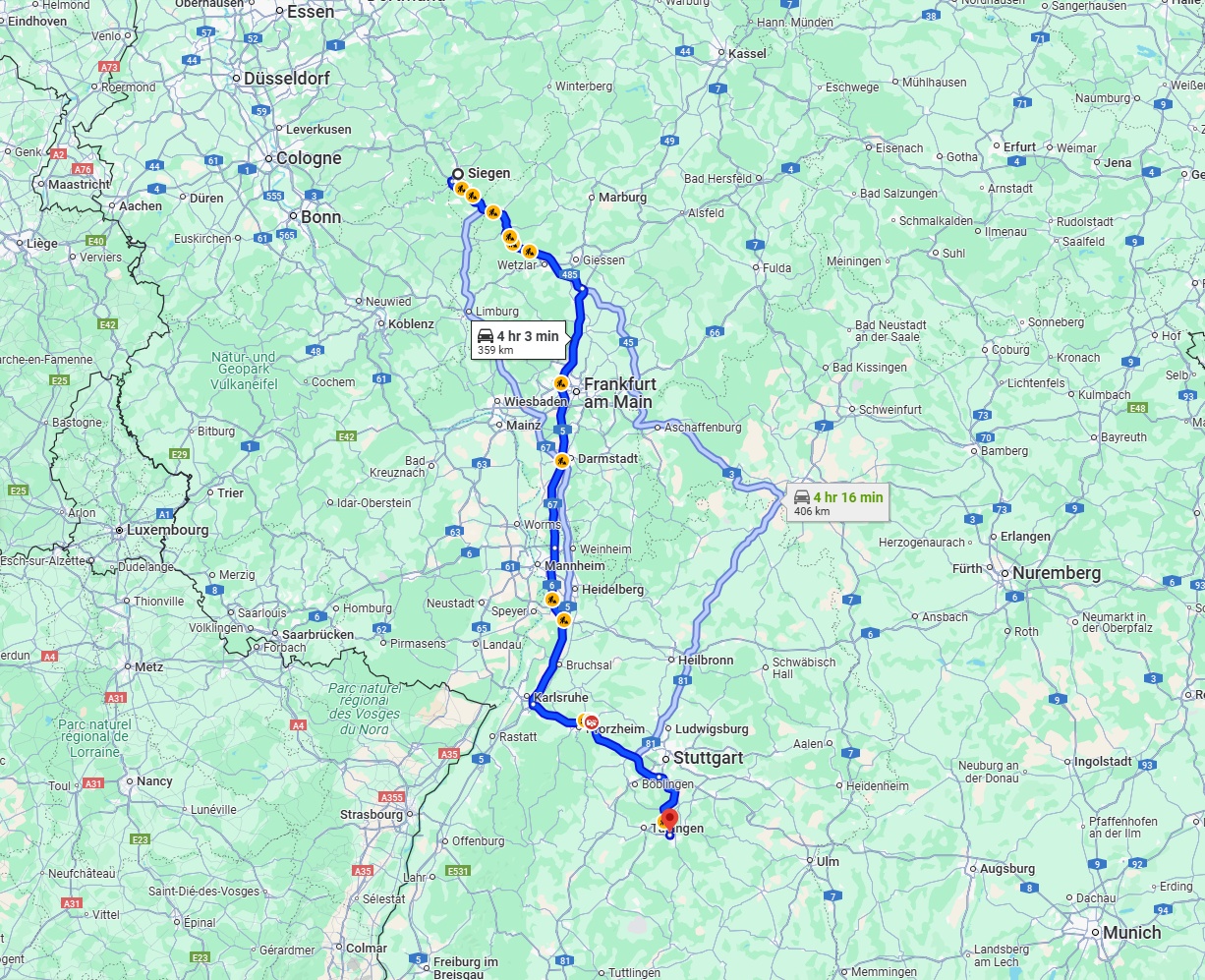 Anreise von Siegen Zu Reutlingen Über via A5