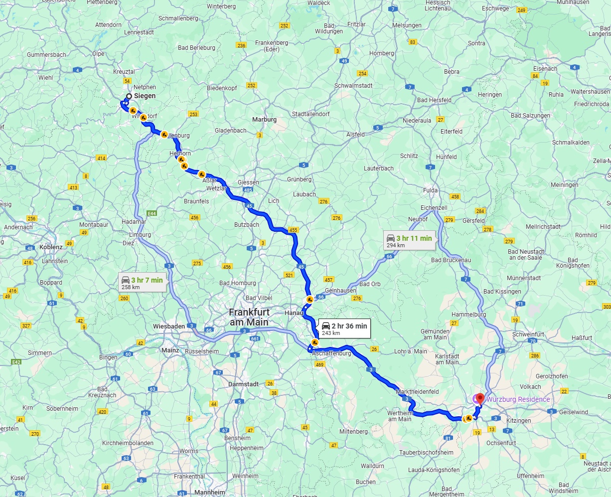 Anreise von Siegen Zu Würzburg Über via A45 and A3