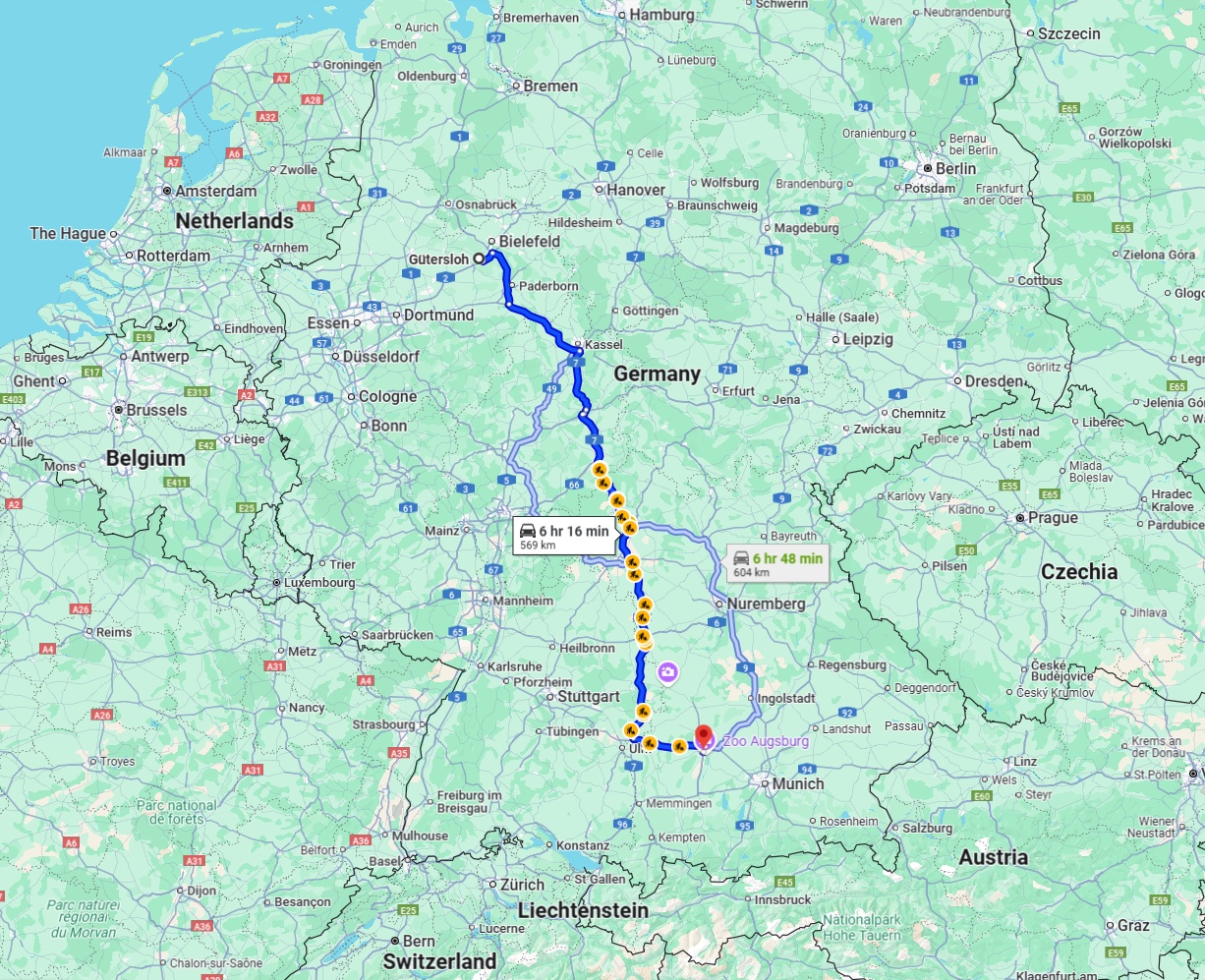 Anreise von Gütersloh Zu Augsburg Über via A7