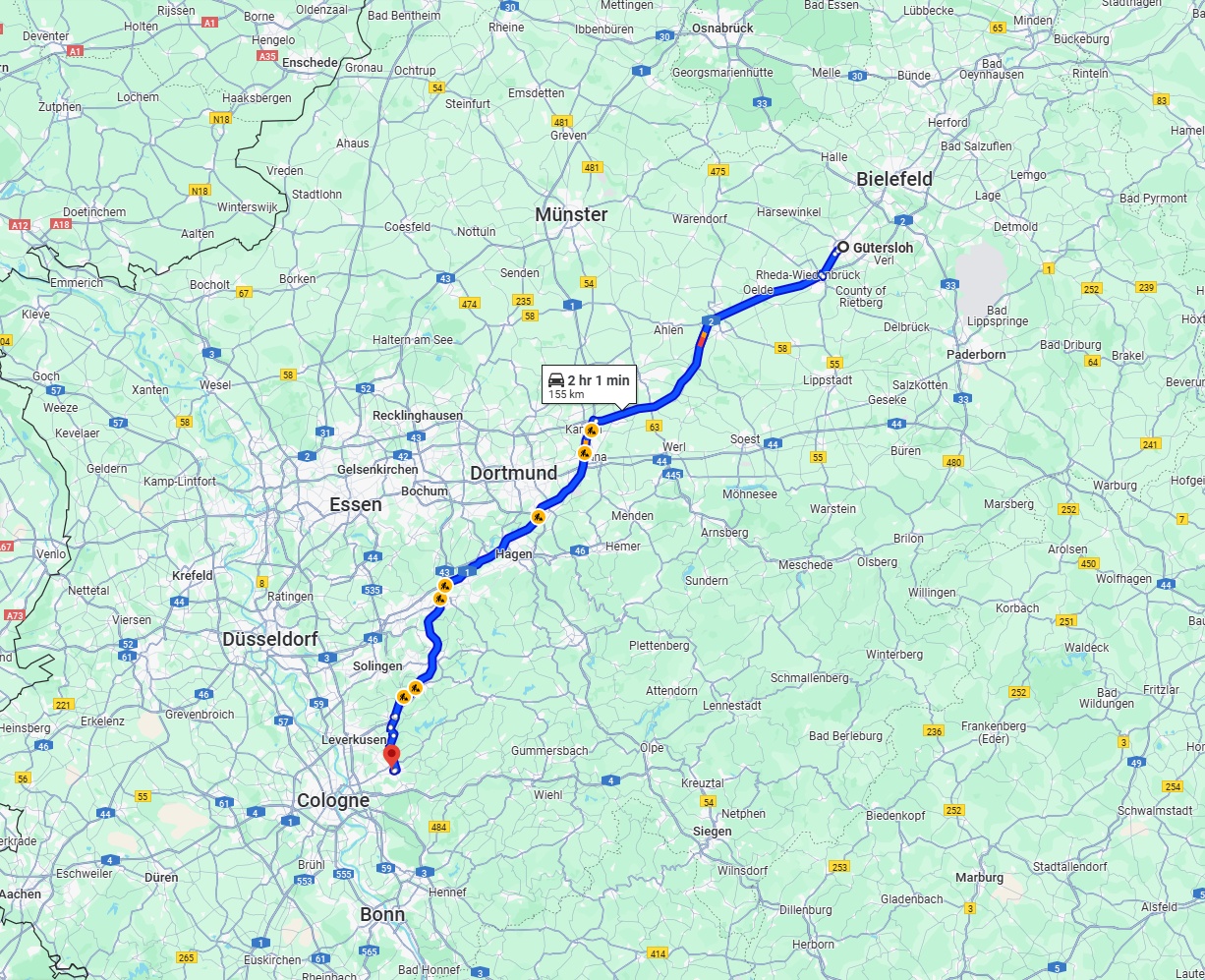Anreise von Gütersloh Zu Bergisch Gladbach Über via A2 and A1