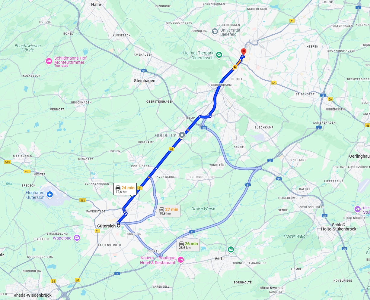 Anreise von Gütersloh Zu Bielefeld Über via B61 and B61