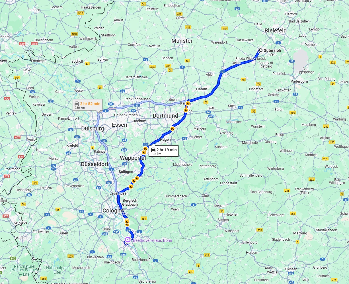 Anreise von Gütersloh Zu Bonn Über via A2 and A1