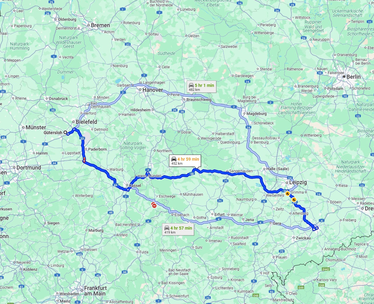 Anreise von Gütersloh Zu Chemnitz Über via A38