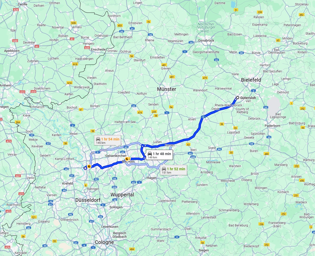 Anreise von Gütersloh Zu Duisburg Über via A2 and A40