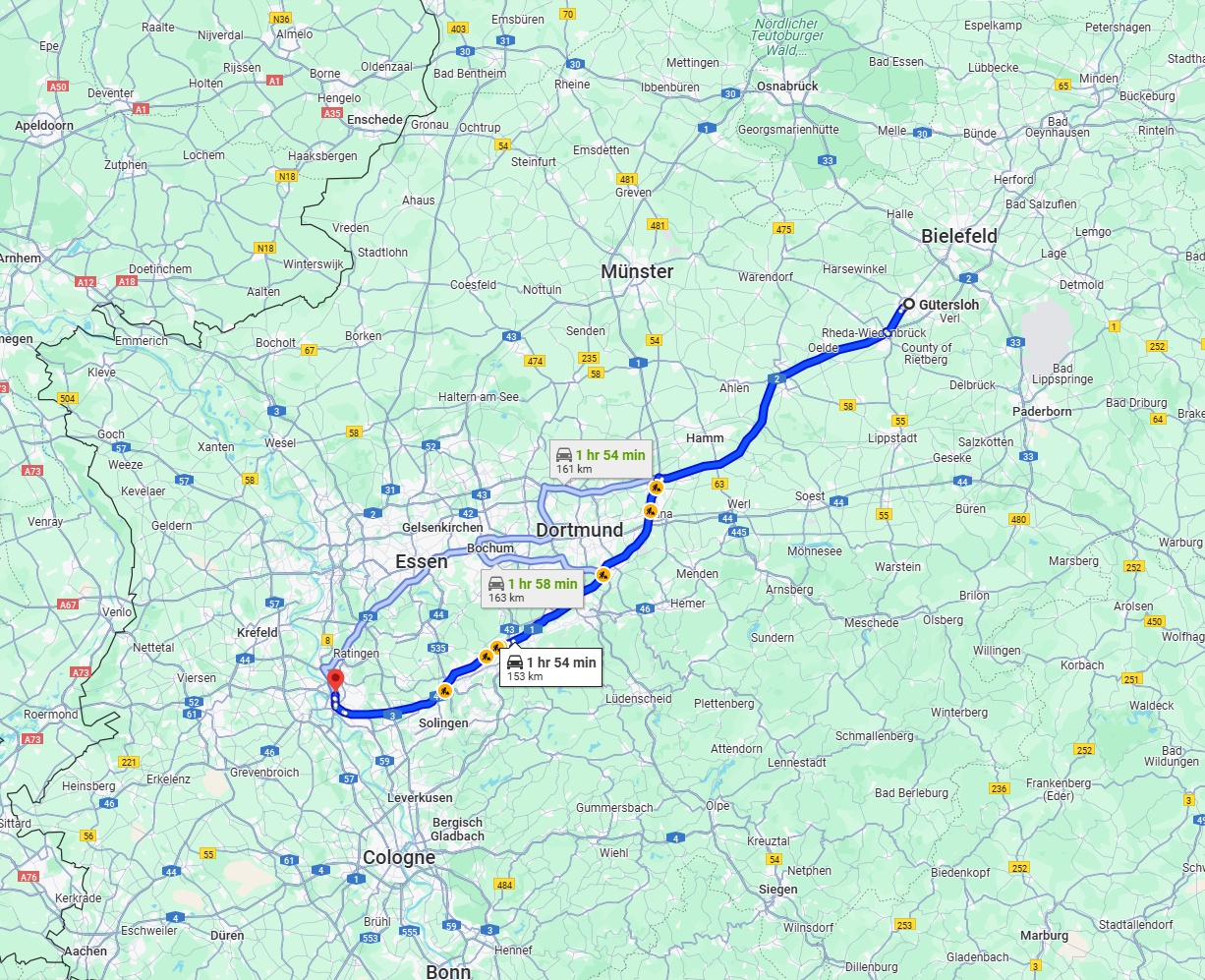 Anreise von Gütersloh Zu Düsseldorf Über via A2 and A1