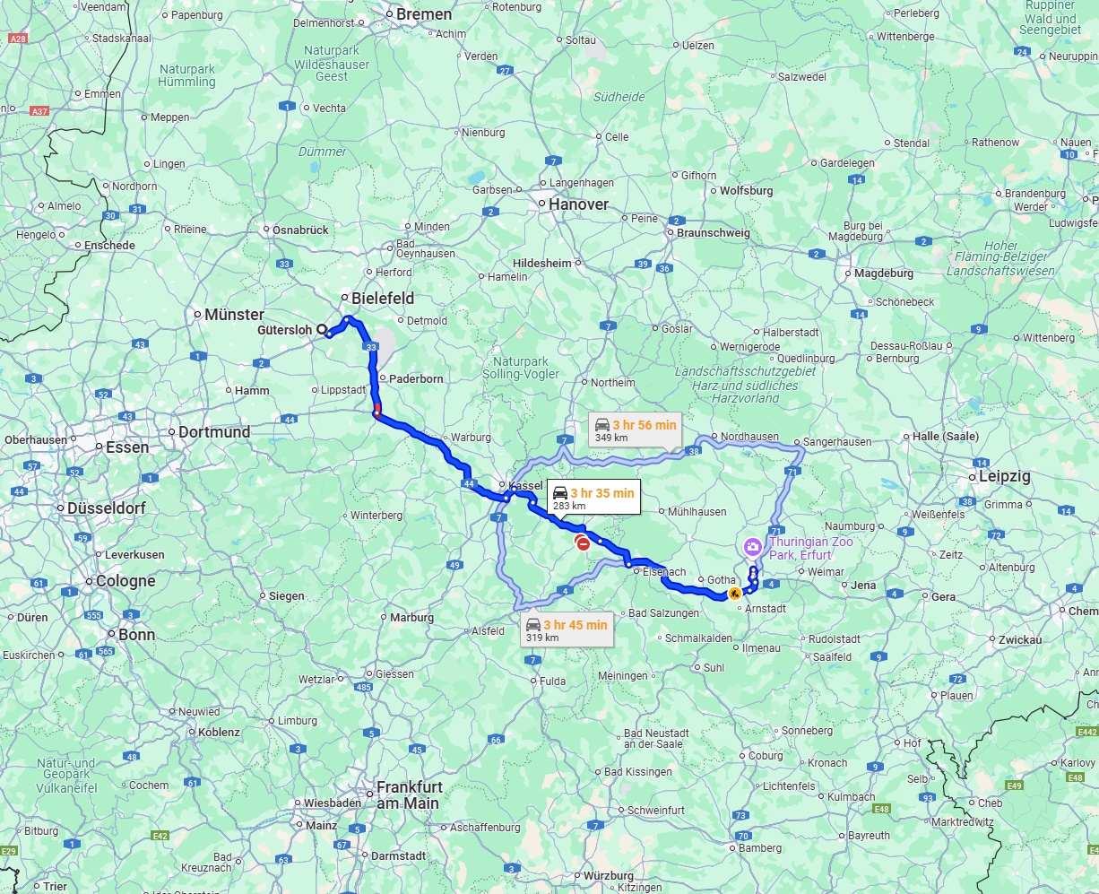 Anreise von Gütersloh Zu Erfurt Über via A44