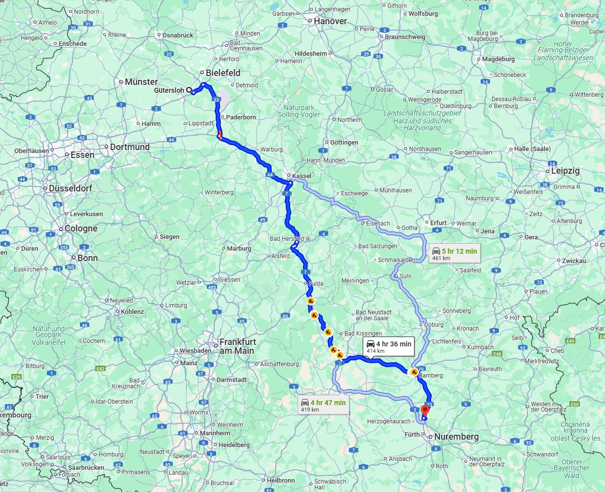 Anreise von Gütersloh Zu Erlangen Über via A7