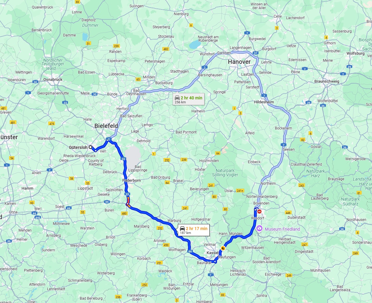 Anreise von Gütersloh Zu Göttingen Über via A44 and A7