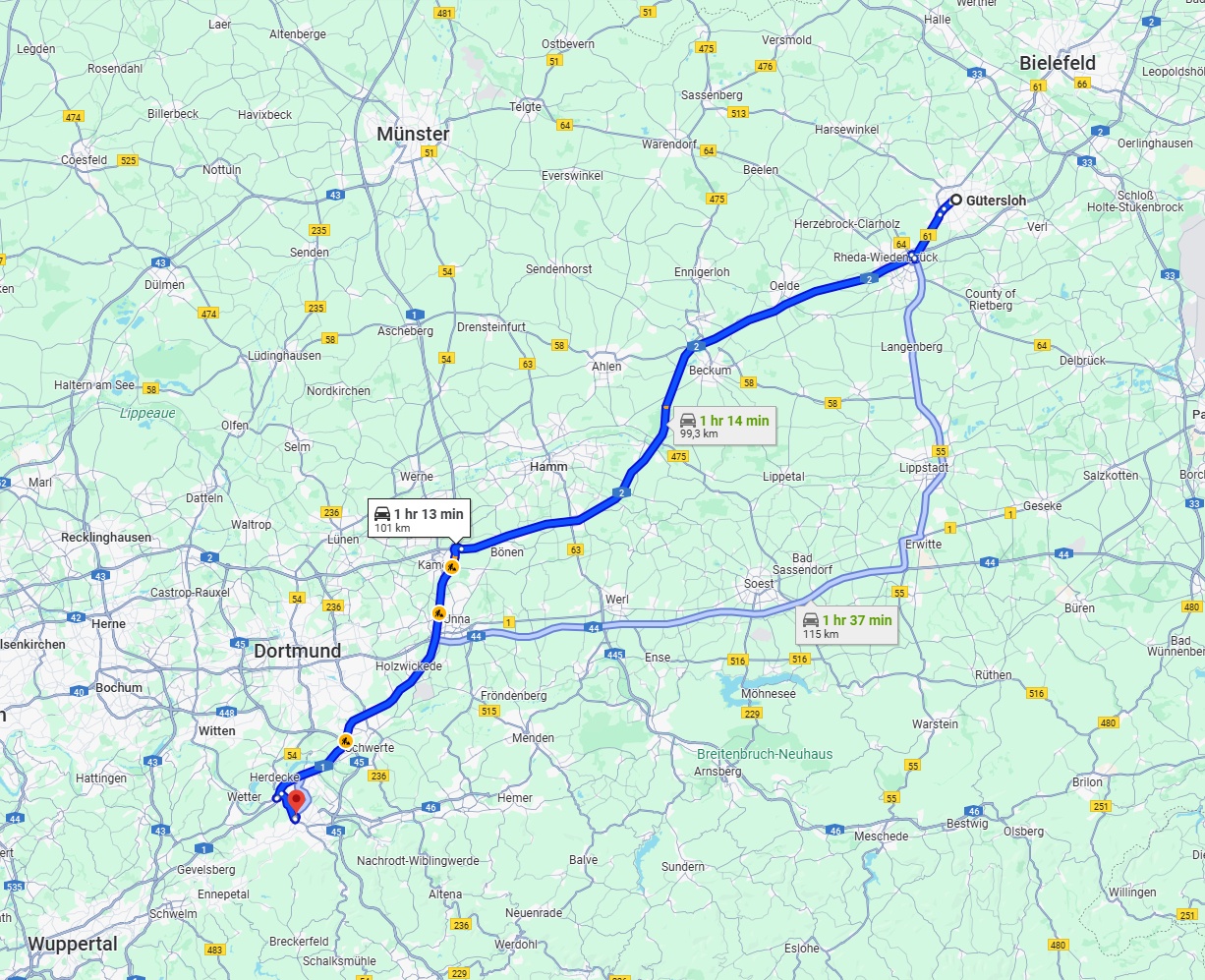 Anreise von Gütersloh Zu Hagen Über via A2 and A1