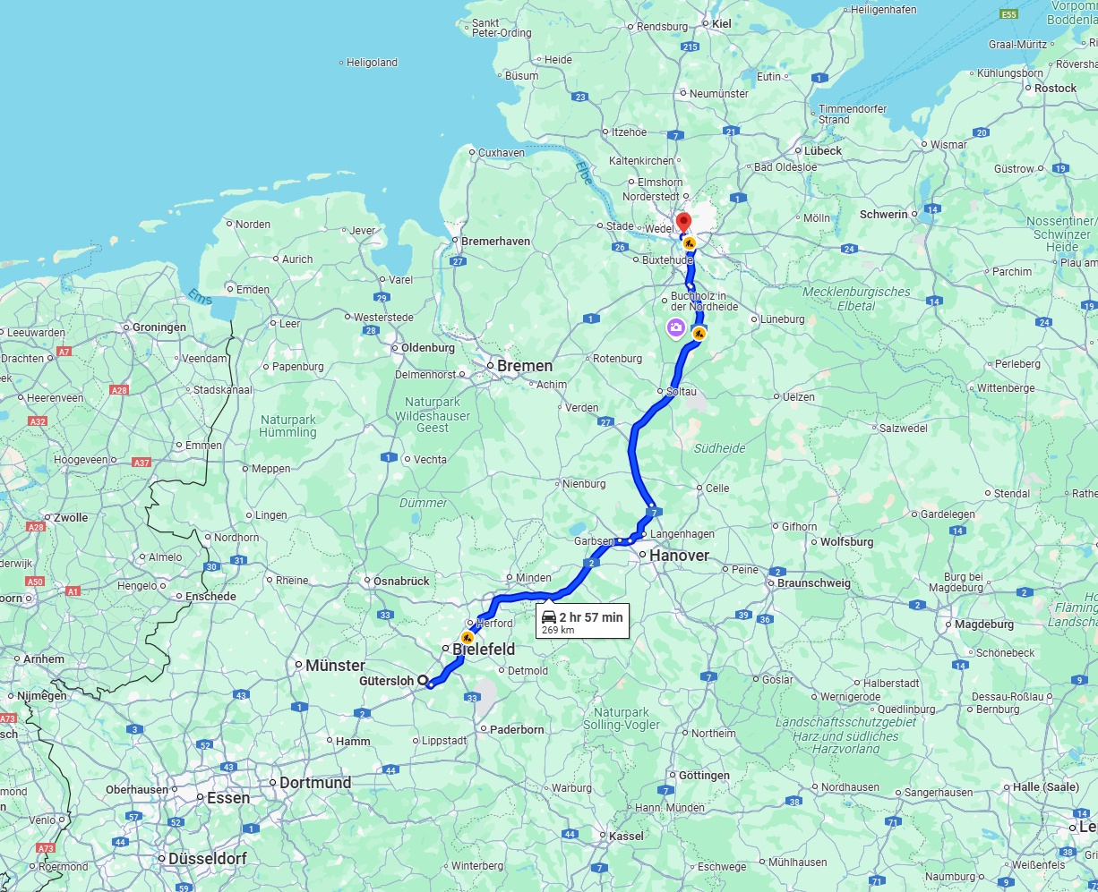 Anreise von Gütersloh Zu Hamburg Über via A2 and A7