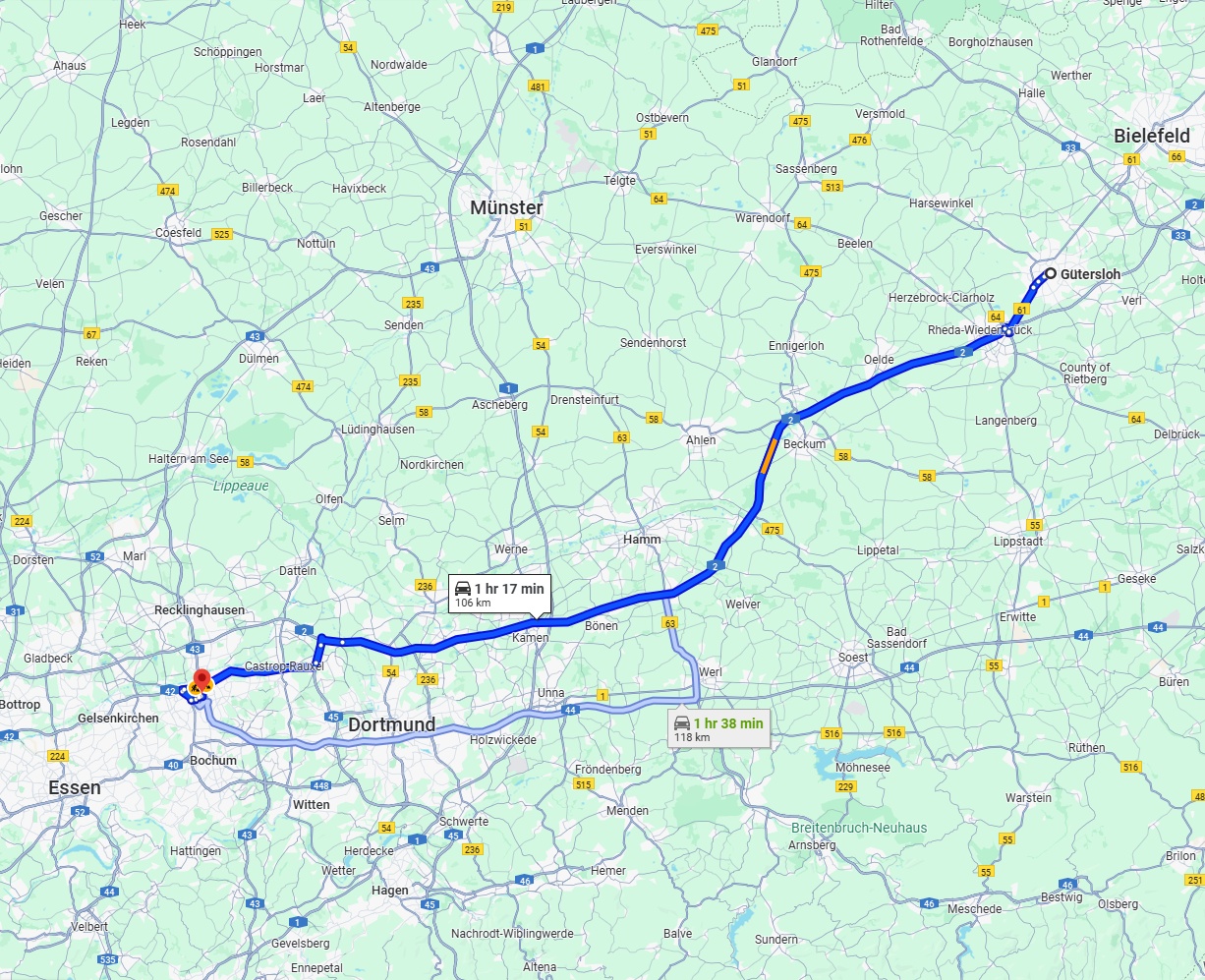 Anreise von Gütersloh Zu Herne Über via A2