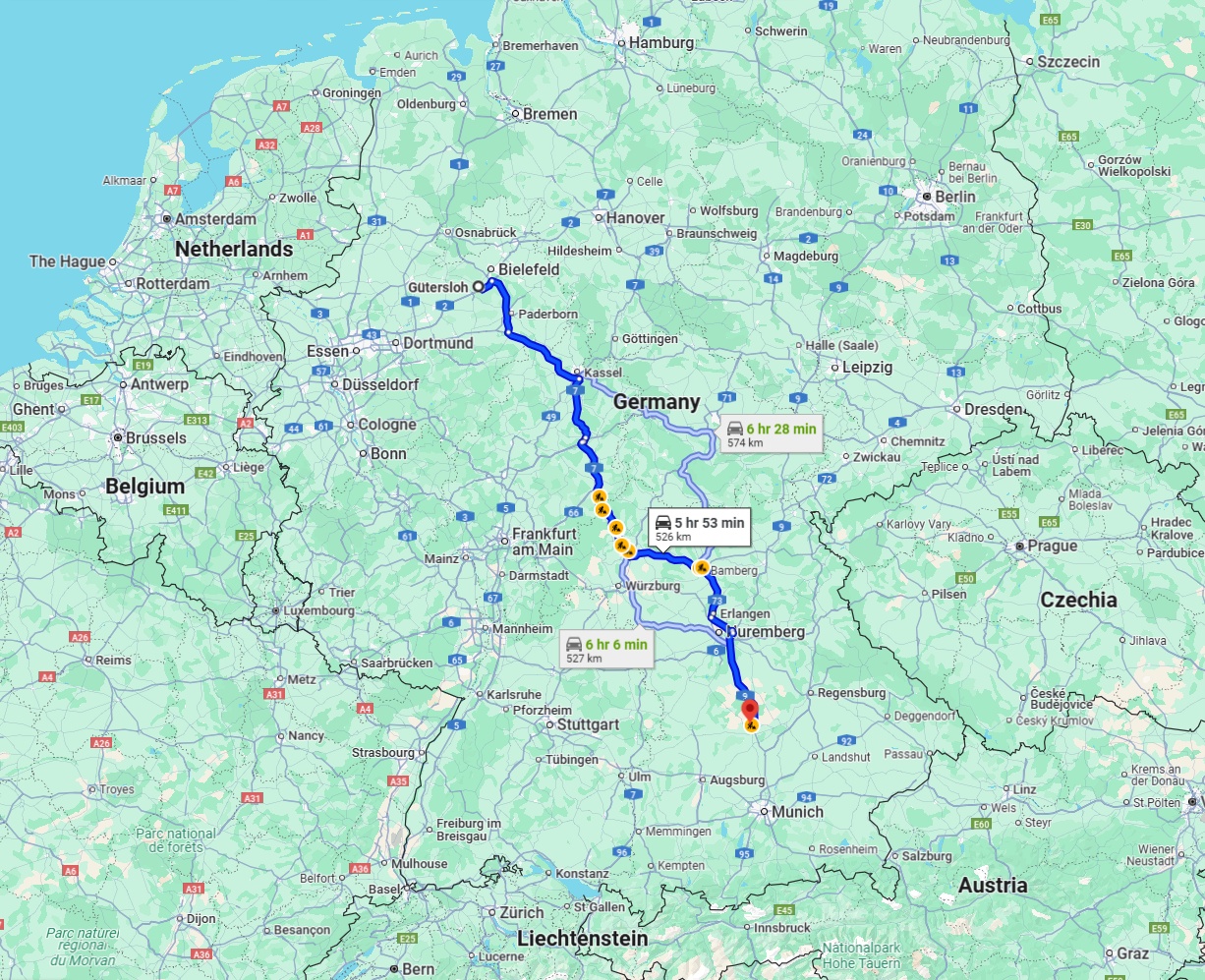 Anreise von Gütersloh Zu Ingolstadt Über via A7