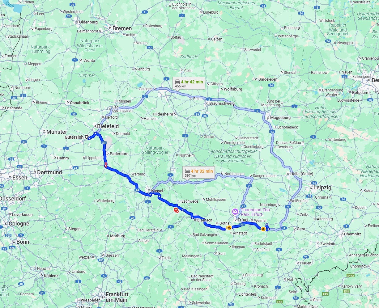 Anreise von Gütersloh Zu Jena Über via A44 and A4