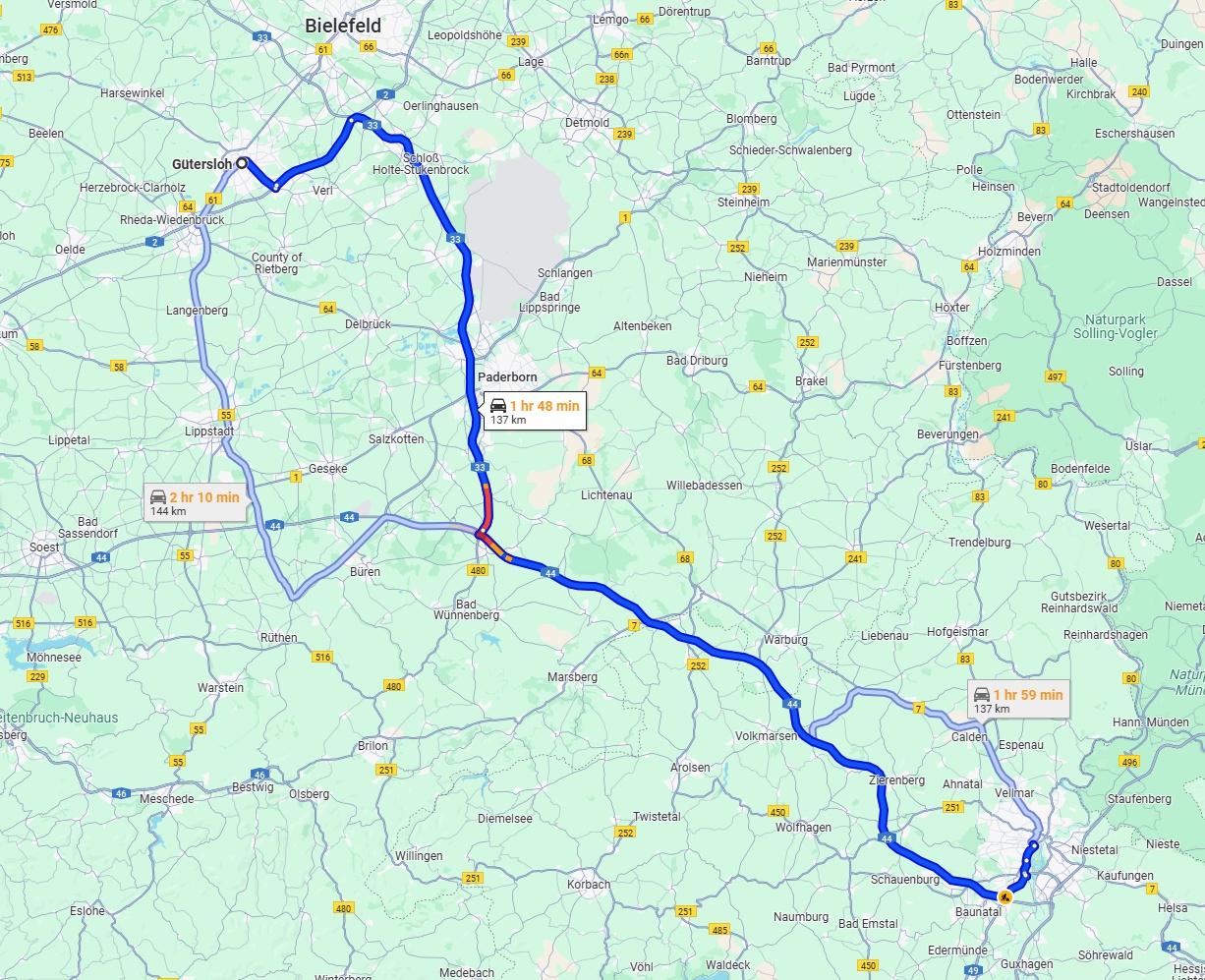 Anreise von Gütersloh Zu Kassel Über via A33 and A44