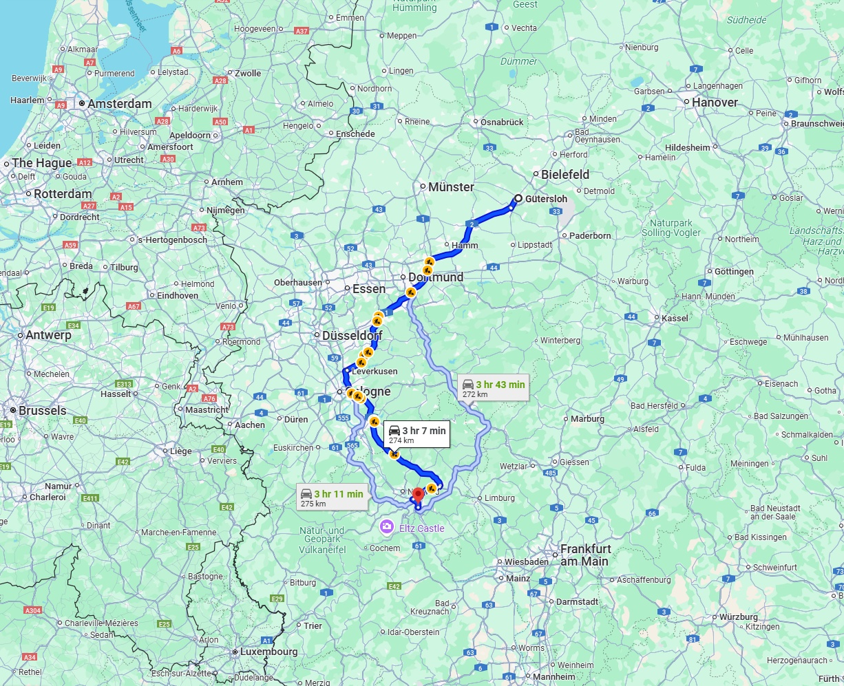 Anreise von Gütersloh Zu Koblenz Über via A1 and A3