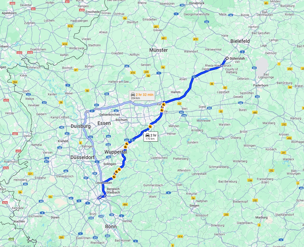 Anreise von Gütersloh Zu Köln Über via A2 and A1