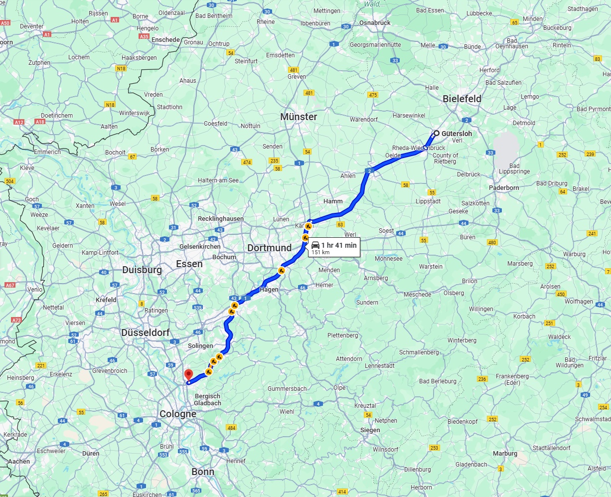 Anreise von Gütersloh Zu Leverkusen Über via A2 and A1