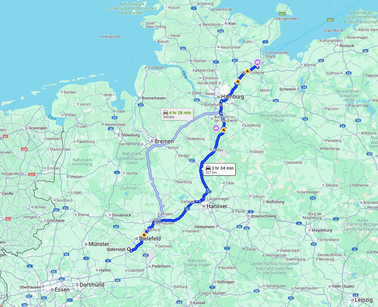 Anreise von Gütersloh Zu Lübeck Über via A2 and A7