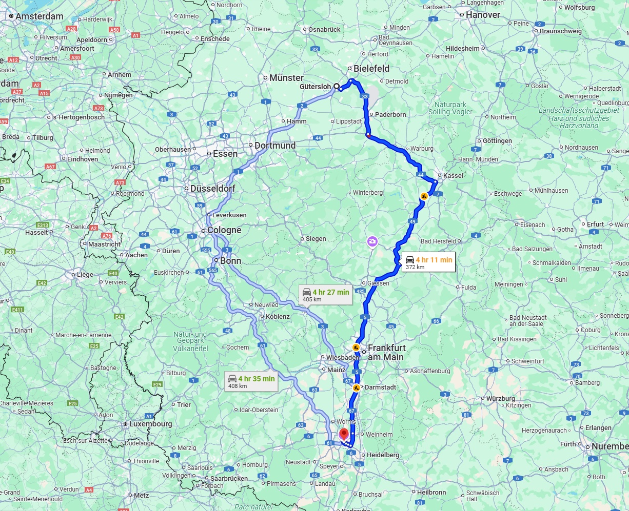 Anreise von Gütersloh Zu Mannheim Über via A5