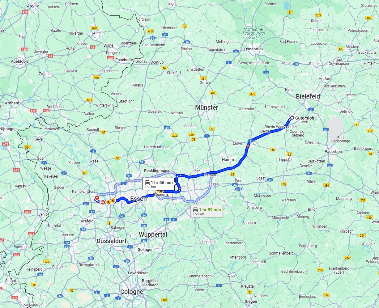 Anreise von Gütersloh Zu Moers Über via A2 and A40