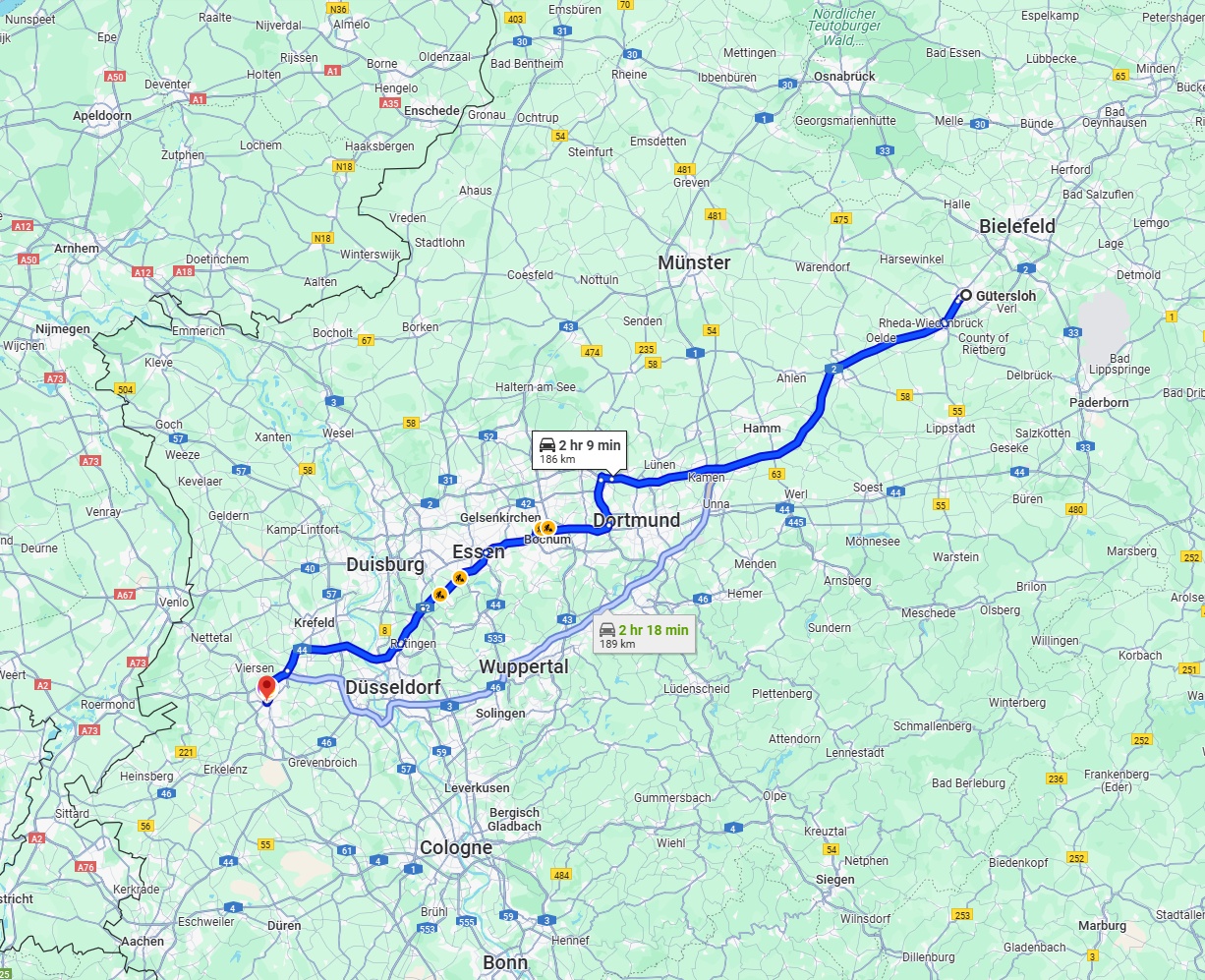 Anreise von Gütersloh Zu Mönchengladbach Über via A2