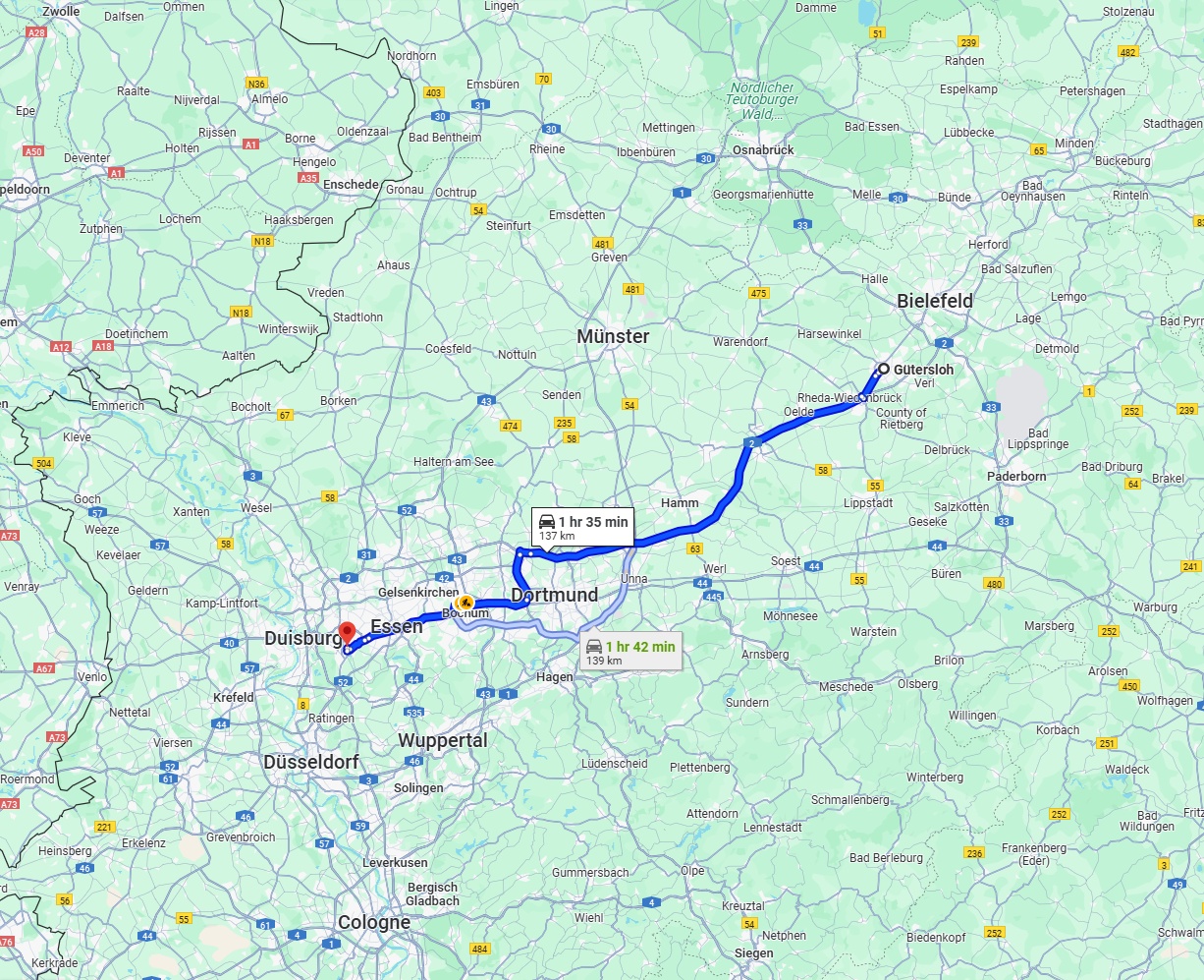 Anreise von Gütersloh Zu Mülheim an der Ruhr Über via A2