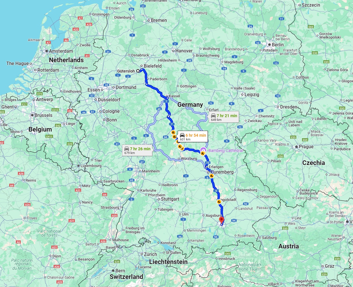 Anreise von Gütersloh Zu München Über via A7 and A9