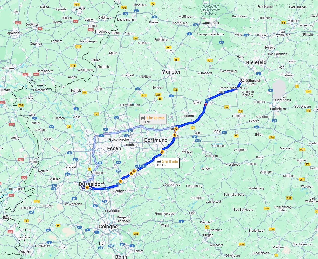 Anreise von Gütersloh Zu Neuss Über via A2 and A1