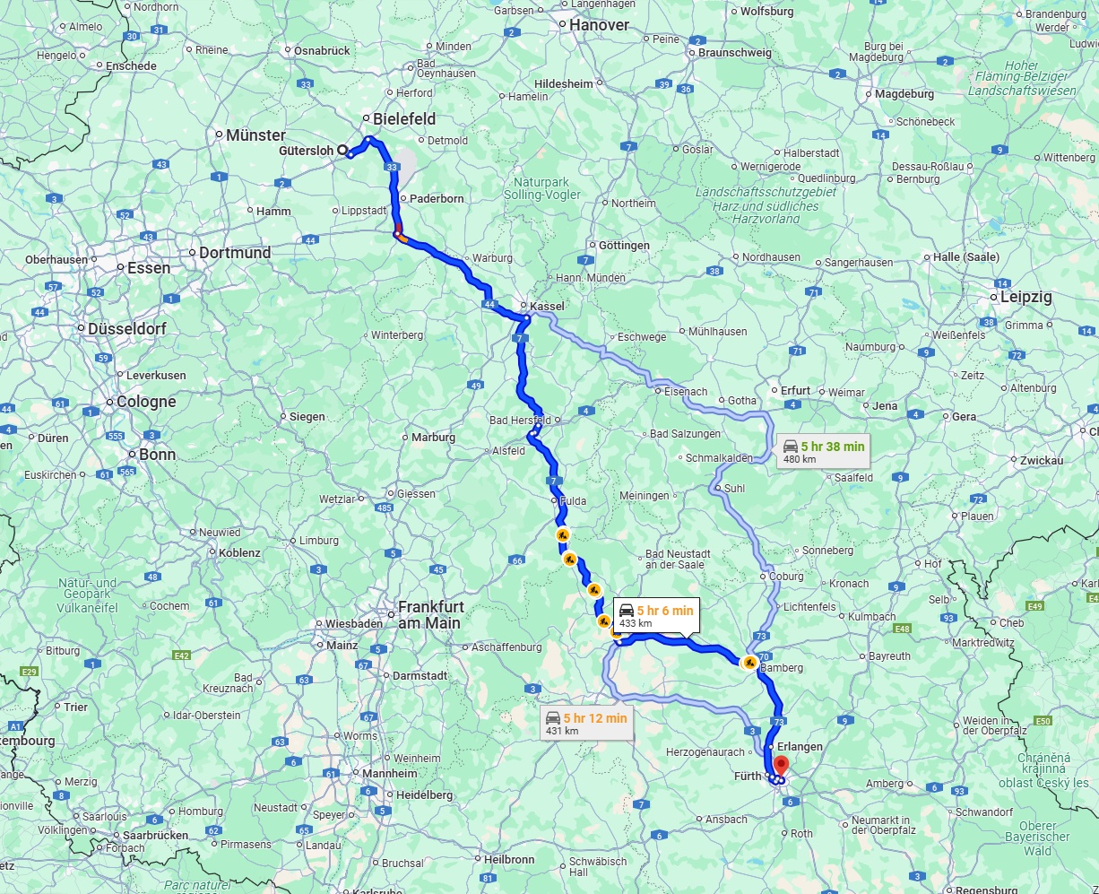 Anreise von Gütersloh Zu Nürnberg Über via A7