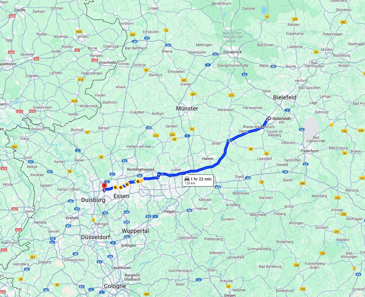 Anreise von Gütersloh Zu Oberhausen Über via A2 and A42
