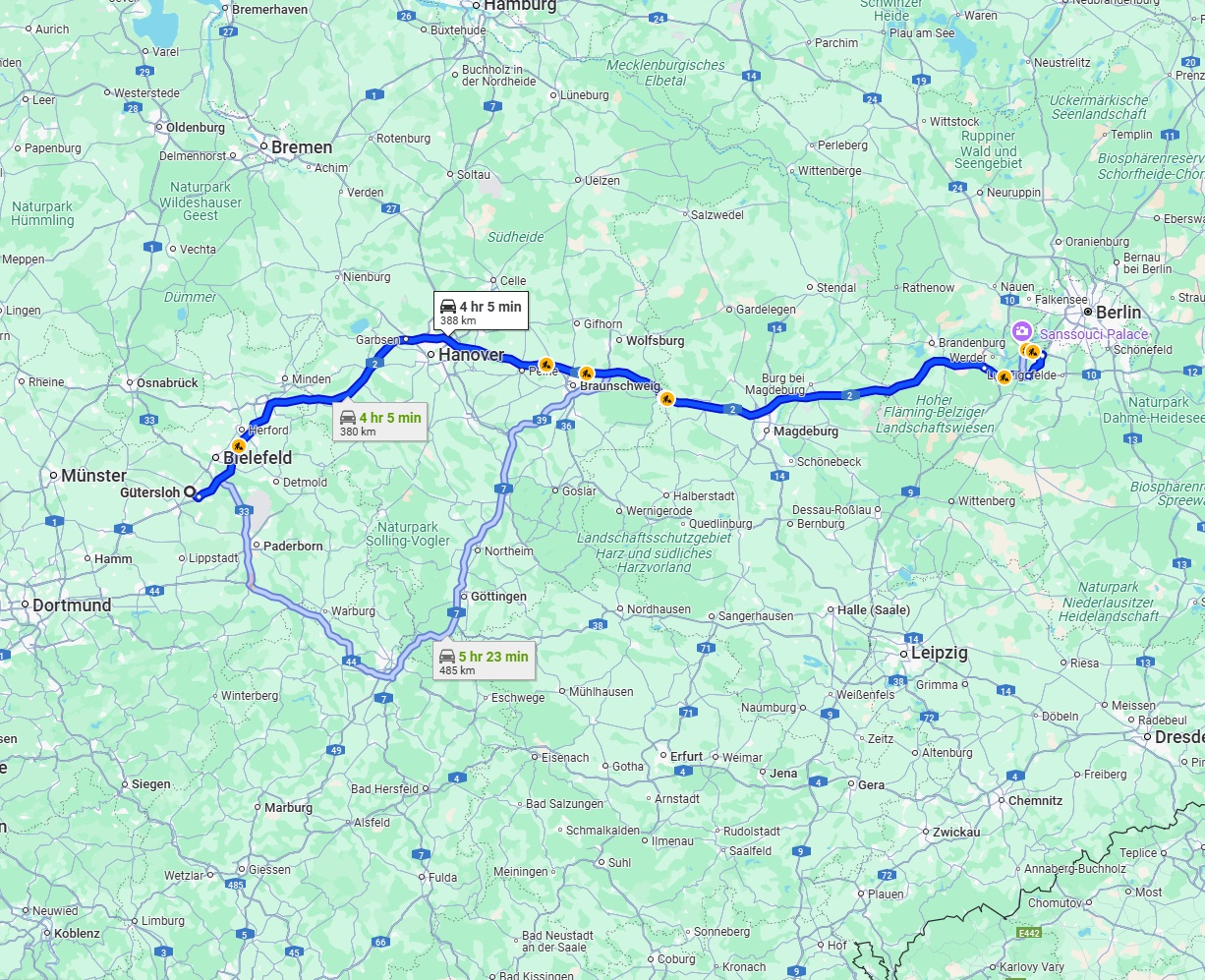 Anreise von Gütersloh Zu Potsdam Über via A2