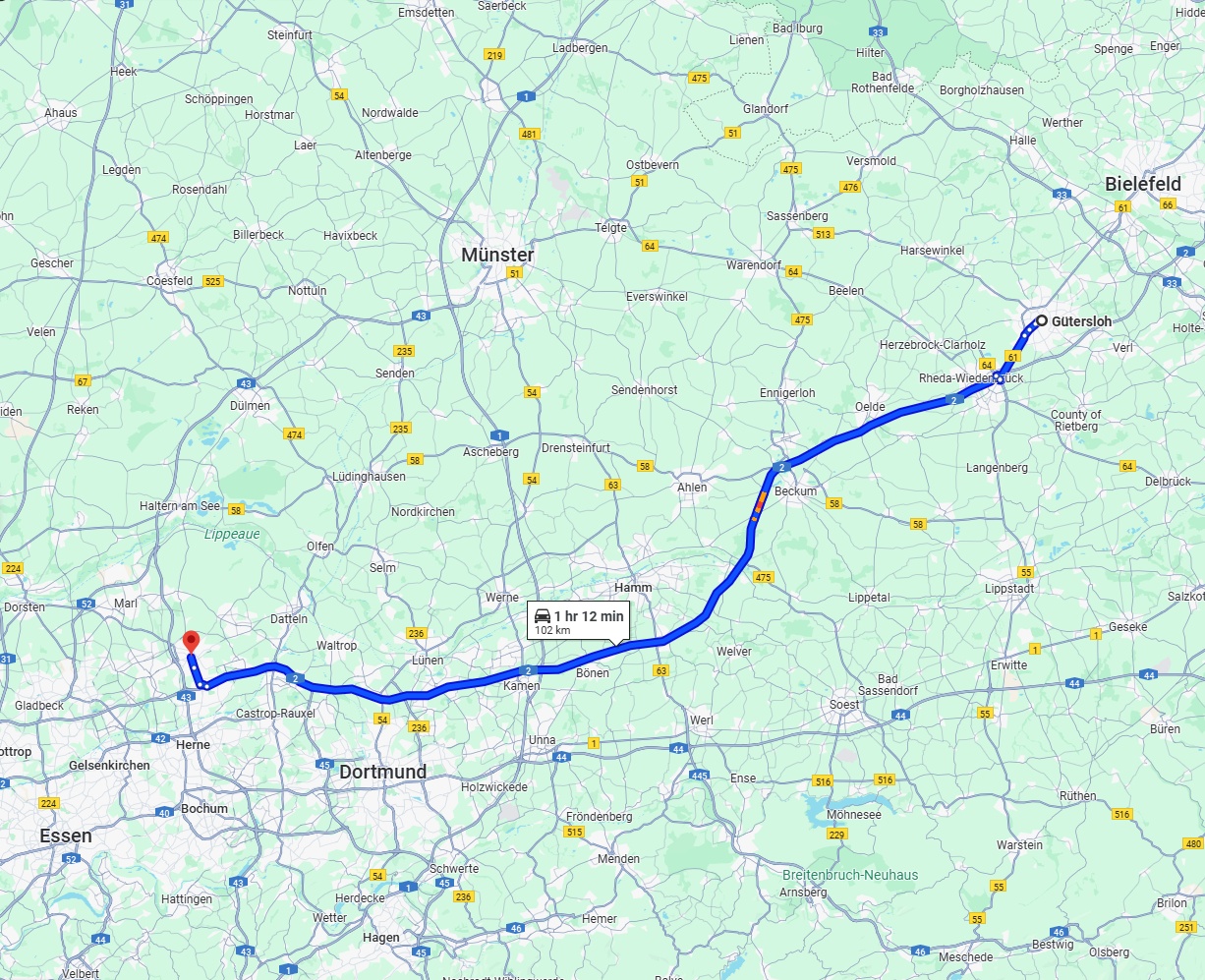 Anreise von Gütersloh Zu Recklinghausen Über via A2