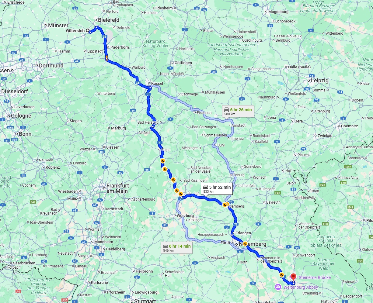 Anreise von Gütersloh Zu Regensburg Über via A7