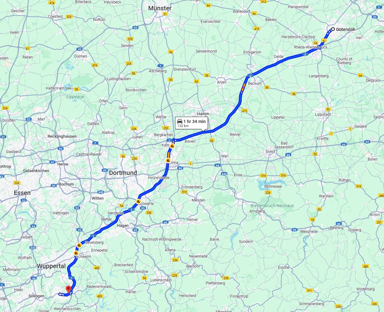 Anreise von Gütersloh Zu Remscheid Über via A2 and A1