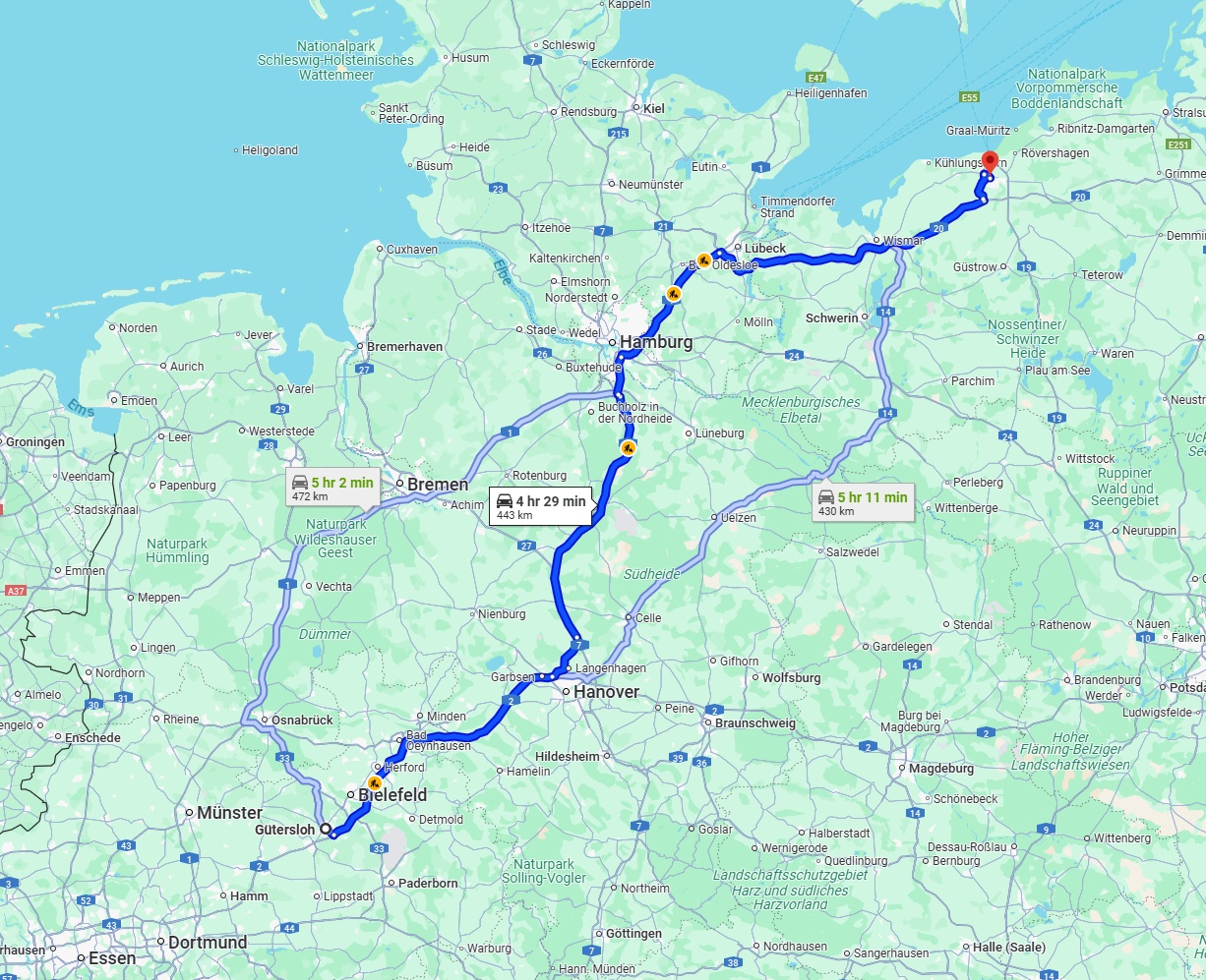 Anreise von Gütersloh Zu Rostock Über via A2 and A20
