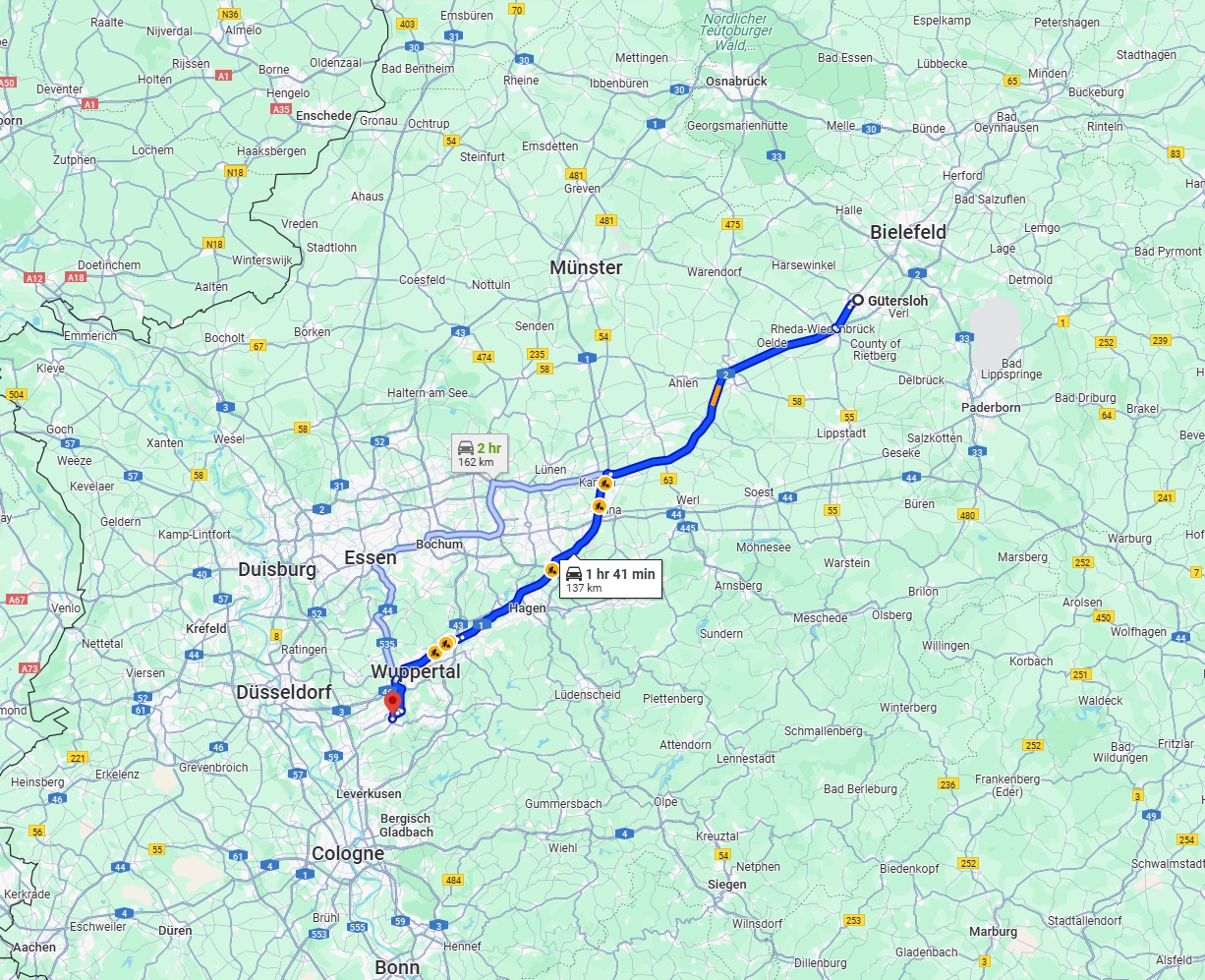 Anreise von Gütersloh Zu Solingen Über via A2 and A1