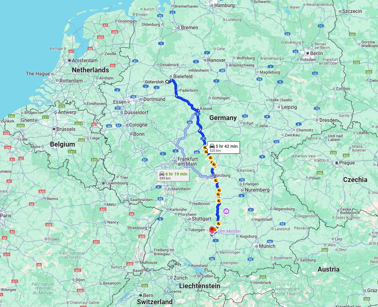 Anreise von Gütersloh Zu Ulm Über via A7