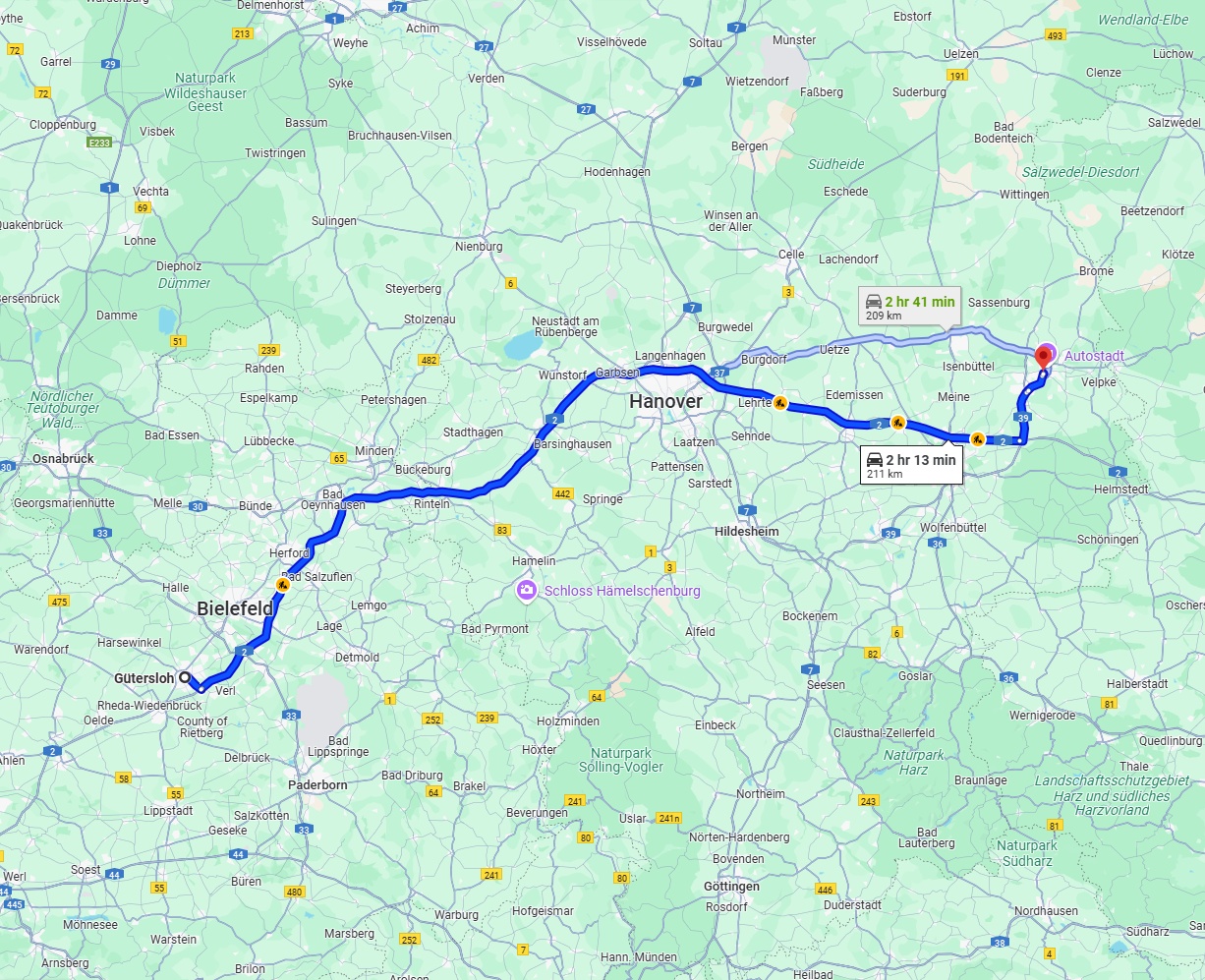 Anreise von Gütersloh Zu Wolfsburg Über via A2