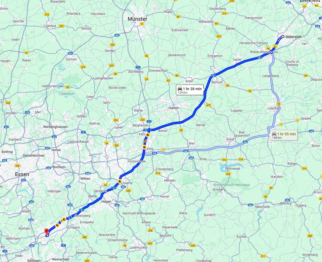 Anreise von Gütersloh Zu Wuppertal Über via A2 and A1