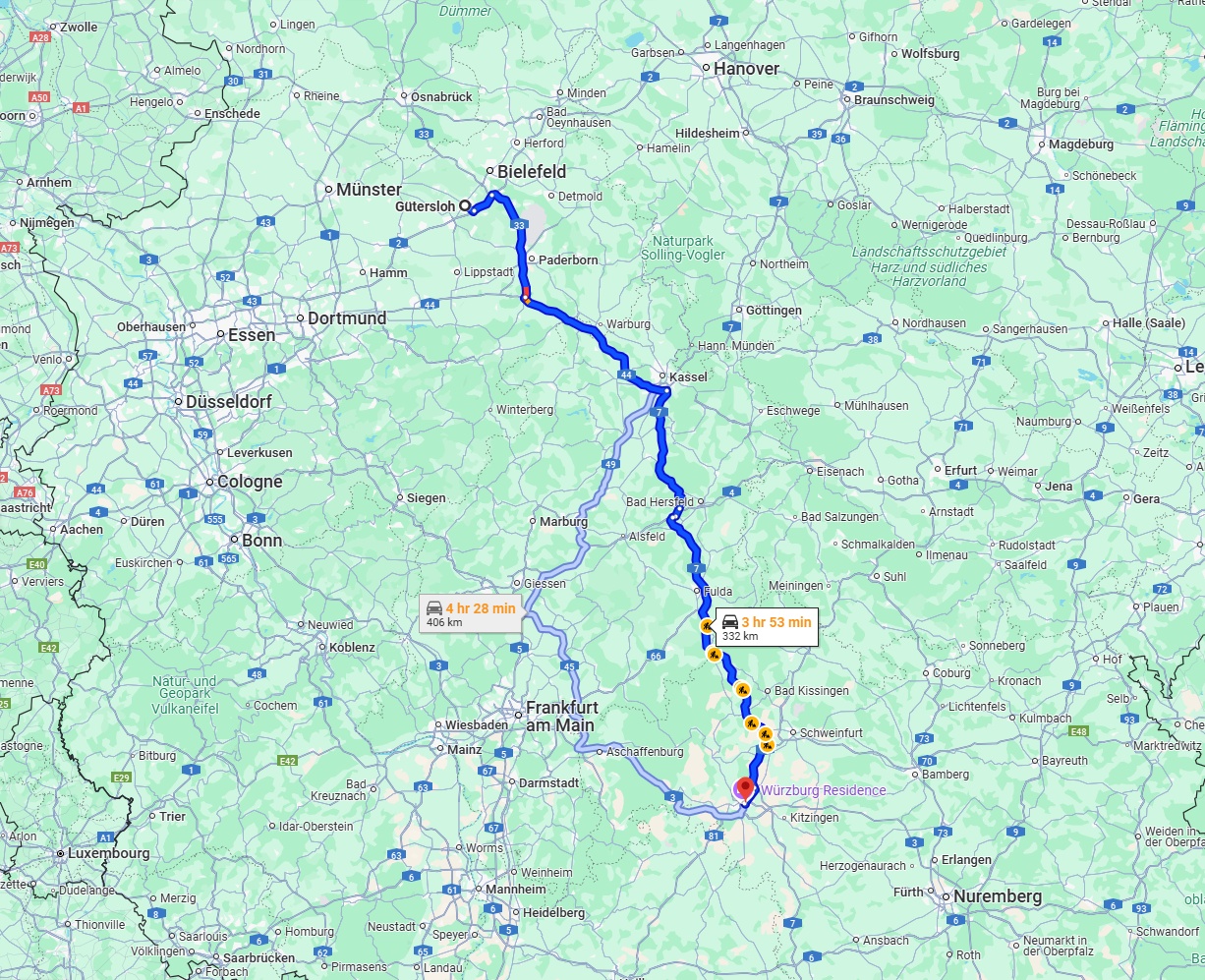 Anreise von Gütersloh Zu Würzburg Über via A7