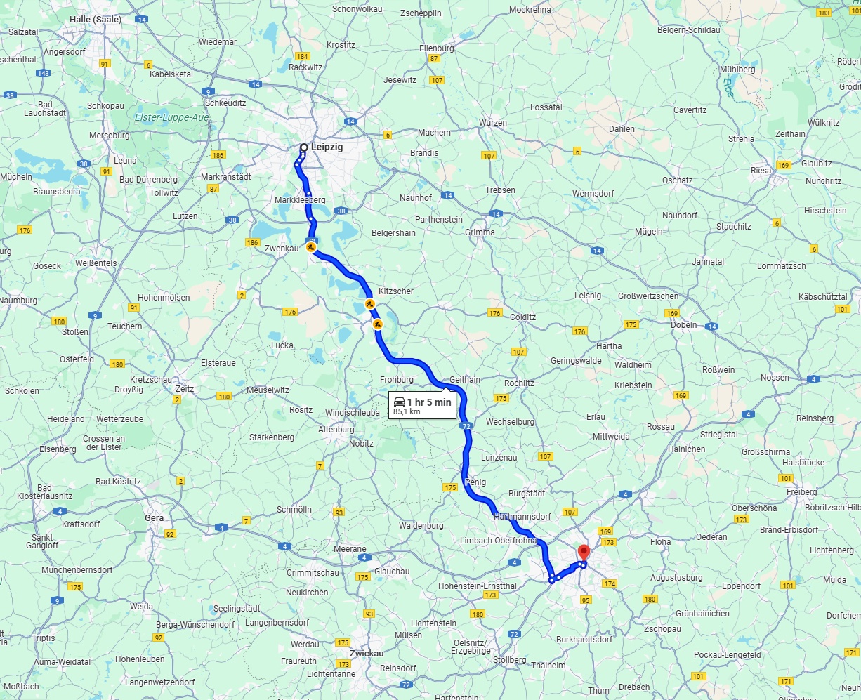 Anreise von Leipzig Zu Chemnitz Über via A72