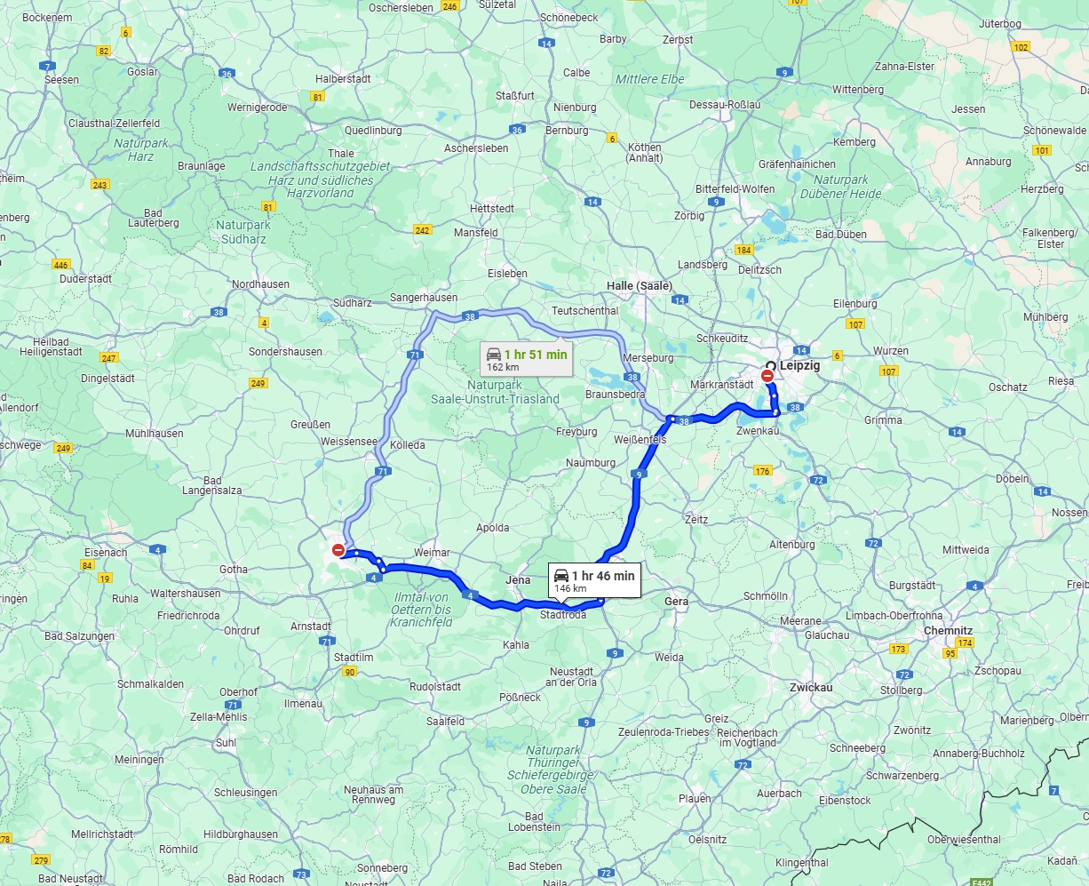 Anreise von Leipzig Zu Erfurt Über via A9 and A4